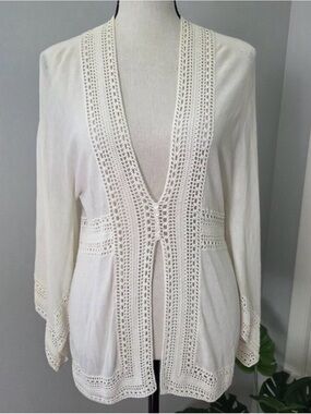 Whimsical White Cotton Crochet Sweater Susana Monaco Sz L - NEW WITH TAGS!